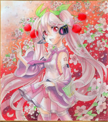 Rule 34 | 10s, 1girl, 2014, cherry, cherry blossoms, dated, detached sleeves, food, fruit, hatsune miku, headset, highres, long hair, mosho, necktie, open mouth, painting (medium), pink hair, red eyes, sakura miku, shikishi, skirt, solo, thighhighs, traditional media, twintails, very long hair, vocaloid, watercolor (medium)