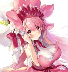 Rule 34 | 1girl, blush, breasts, commentary request, flower, flower knight girl, hat, hat flower, highres, large breasts, looking at viewer, neck ribbon, pink hair, piyoyanagi, red eyes, ribbon, signature, simple background, solo, upper body, verbascum (flower knight girl), white background