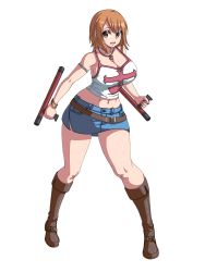 Rule 34 | 1girl, arm strap, blue skirt, boots, bracelet, breasts, brown eyes, brown footwear, brown hair, brups tv, cleavage, crop top, curvy, denim, denim skirt, dual wielding, elie, heart, heart necklace, highres, holding, holding weapon, jewelry, large breasts, navel, necklace, rave, short hair, skirt, solo, thick thighs, thighs, tonfa, weapon, white background, wide hips