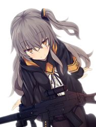 Rule 34 | 1girl, armband, bad id, bad pixiv id, black jacket, black pantyhose, black ribbon, black skirt, blush, brown eyes, brown hair, closed mouth, commentary request, dress shirt, dutch angle, girls&#039; frontline, h&amp;k ump, h&amp;k ump, hair between eyes, hair ornament, highres, jacket, long hair, long sleeves, name connection, neck ribbon, object namesake, one side up, open clothes, open jacket, pantyhose, pleated skirt, ribbon, scar, scar across eye, scar on face, shinopoko, shirt, simple background, skirt, sleeves past wrists, smile, solo, ump45 (girls&#039; frontline), very long hair, white background, white shirt