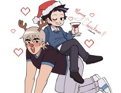Rule 34 | 2boys, all fours, artist name, black eyes, black hair, blue sweater, blush, commentary, crossed arms, fake antlers, grin, hat, heart, highres, light brown hair, mafureid, male focus, merry christmas, multiple boys, one eye closed, pinky out, santa hat, scott pilgrim (series), scott pilgrim takes off, sitting, sitting on person, smile, sweater, todd ingram, wallace wells, yaoi