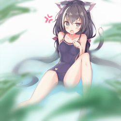 Rule 34 | 1girl, anger vein, animal ear fluff, animal ears, bare shoulders, black hair, blush, breasts, cat ears, cat girl, cat tail, chocomoch, fang, green eyes, highres, karyl (princess connect!), low twintails, multicolored hair, one-piece swimsuit, open mouth, palms, princess connect!, school swimsuit, sitting, small breasts, streaked hair, swimsuit, tail, twintails