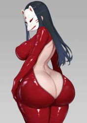 Rule 34 | 1girl, ass, back, backless outfit, black hair, bodysuit, breasts, butt crack, curvy, fox mask, from side, grey background, highres, huge ass, large breasts, long hair, looking at viewer, mask, original, red bodysuit, remomon0, shoutao, sideboob, symbol commentary, thick thighs, thighs, zipper