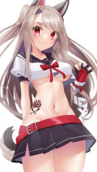 Rule 34 | 1girl, absurdres, arm behind back, azur lane, belt, black skirt, blurry, breasts, claw pose, commentary request, depth of field, eyes visible through hair, groin, headgear, highres, long hair, looking at viewer, midriff, multicolored nails, nail polish, navel, pleated skirt, red eyes, school uniform, seele0907, serafuku, sidelocks, silver hair, simple background, single hair intake, skirt, smile, solo, tail, tattoo, thick eyebrows, two side up, underboob, white background, wolf tail, yuudachi (azur lane)