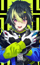 Rule 34 | 1boy, black hair, commentary request, fukai ryosuke, gloves, green hair, highres, holding, holding screwdriver, holding wrench, inami rai, jacket, long sleeves, looking at viewer, male focus, multicolored hair, nijisanji, official art, open mouth, pink eyes, screwdriver, smile, solo, streaked hair, virtual youtuber, white gloves, wrench