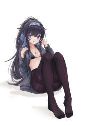 Rule 34 | 1girl, absurdres, black hair, black pantyhose, blue archive, blue eyes, blue hairband, blue ribbon, breasts, commentary request, crossed bangs, dasiu, feet, full body, grey jacket, hair ribbon, hairband, hands up, highres, jacket, knees up, long hair, long sleeves, necktie, no shoes, official alternate costume, open clothes, open jacket, open mouth, pantyhose, ponytail, ribbon, sidelocks, simple background, sitting, small breasts, solo, sweat, thighband pantyhose, ui (blue archive), ui (swimsuit) (blue archive), white background