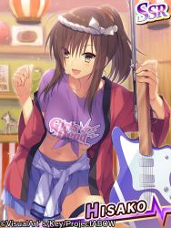 Rule 34 | 10s, 1girl, :d, angel beats!, breasts, brown eyes, brown hair, clothes around waist, electric guitar, female focus, guitar, hair ornament, hisako (angel beats!), instrument, jacket, large breasts, leaning forward, leg up, midriff, navel, off shoulder, open mouth, pleated skirt, ponytail, sacraneco, shirt, shirt around waist, skirt, smile, solo, thigh strap, tied shirt, watermark