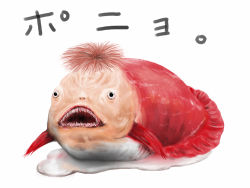 Rule 34 | 00s, character name, creepy, fish, gake no ue no ponyo, looking at viewer, no humans, open mouth, ponyo, realistic, red hair, sharp teeth, simple background, studio ghibli, teeth, translated, what, white background