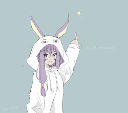 Rule 34 | 1girl, animal ears, blush, character hood, commentary request, dark-skinned female, dark skin, drawstring, facial mark, fate/grand order, fate (series), green background, hood, hood up, hoodie, jackal ears, long hair, long sleeves, medjed (fate), mito (go!go!king!), nitocris (fate), pointing, sidelocks, simple background, solo, star (symbol), translated, twitter username, white hoodie