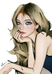 Rule 34 | 1girl, absurdres, aespa, artist name, black camisole, blonde hair, blue eyes, blush, camisole, chinese commentary, earrings, hand on own cheek, hand on own face, heart, heart earrings, highres, jewelry, k-pop, karina (aespa), leaning forward, looking at viewer, mei qian xue maple, mole, mole under eye, nail polish, nose piercing, piercing, real life, red nails, simple background, solo, white background