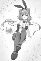 Rule 34 | 1girl, absurdres, animal ears, arakawa tarou, bow, bowtie, breasts, rabbit ears, card, cleavage, collarbone, commentary request, detached collar, fake animal ears, full body, greyscale, hairband, highleg, highleg leotard, highres, holding, holding card, hugtto! precure, leotard, looking at viewer, low twintails, medium breasts, monochrome, multiple hairbands, precure, ruru amour, solo, strapless, strapless leotard, thighhighs, twintails, wrist cuffs