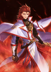 Rule 34 | 1boy, absurdres, belt, black background, capelet, fire, gloves, granblue fantasy, highres, holding, holding sword, holding weapon, looking to the side, male focus, percival (granblue fantasy), red eyes, red hair, saku (sakudeji), smile, solo, sword, weapon, white capelet