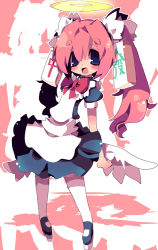 Rule 34 | 00s, 1girl, animal ears, apron, blue eyes, blush, bow, chiyu, dango mushi, grin, hair between eyes, halo, long hair, maid, maid apron, mary janes, netrunmon, open mouth, pigeon-toed, pink hair, ribbon, shoes, silhouette, smile, solo, tail, thighhighs, twintails, white thighhighs