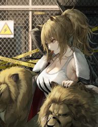 Rule 34 | 1girl, animal, animal ears, arknights, arm up, armpits, black jacket, black nails, breasts, brown eyes, brown hair, candy, caution tape, chain-link fence, cleavage, collarbone, fence, food, fur trim, highres, jacket, kim eb, large breasts, lightning bolt symbol, lion, lion ears, lollipop, long hair, looking away, mouth hold, nail polish, open clothes, open jacket, ponytail, shirt, siege (arknights), sign, sleeveless, sleeveless shirt, solo, warning sign, white shirt