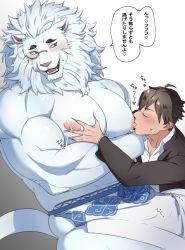 Rule 34 | 2boys, animal ears, apron, asutarou, bara, blush, bulge, furry, furry male, furry with non-furry, gakuran, grabbing, interspecies, large pectorals, lion boy, lion ears, lion tail, male focus, male lactation, protagonist 4 (housamo), mature male, multiple boys, muscular, muscular male, naked apron, nipples, pectoral grab, pectorals, round eyewear, school uniform, short hair, size difference, snow (housamo), sucking male nipple, tail, thick eyebrows, tokyo houkago summoners, topless male, translation request, twitching penis, waist apron, white apron, white hair, yaoi