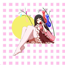 Rule 34 | 1girl, black hair, branch, candy apple, dearmybrothers, feet, female focus, food, highres, holding, houraisan kaguya, long hair, looking at viewer, no shoes, pantyhose, sitting, smile, solo, thighhighs, touhou, white thighhighs, yellow eyes