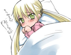 Rule 34 | 00s, bed, blonde hair, blush, green eyes, hayate no gotoku!, lowres, lying, pillow, sanzen&#039;in nagi, scared, solo, translated, twintails