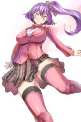 Rule 34 | 1girl, alternate costume, alternate hairstyle, blazer, bow, bowtie, contemporary, gluteal fold, hair ribbon, impossible clothes, impossible shirt, jacket, long hair, pink thighhighs, plaid, plaid skirt, ponytail, purple hair, red bow, red bowtie, red eyes, ribbon, school uniform, shirt, sideways glance, skirt, smile, solo, thighhighs, touhou, yasaka kanako, yohane