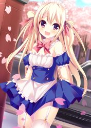 Rule 34 | 1girl, :d, apron, blonde hair, blush, breasts, cherry blossoms, cleavage, cowboy shot, day, detached collar, detached sleeves, dress, dutch angle, gabao., garter straps, highres, looking at viewer, maid, maid apron, maid headdress, moe2015, open mouth, original, outdoors, pink eyes, plant, small breasts, smile, solo, standing, tears, thighhighs, tree, underbust, white thighhighs, zettai ryouiki