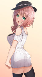 Rule 34 | 1girl, :o, absurdres, bang dream!, blush, breasts, clothing cutout, cowboy shot, dress, gradient background, green eyes, hat, highres, looking at viewer, low twintails, medium hair, noshimurin, open mouth, pink hair, ribbed dress, shoulder cutout, solo, standing, thighhighs, twintails, uehara himari, zettai ryouiki