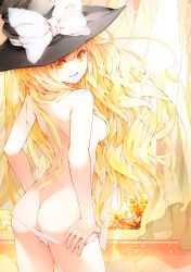 Rule 34 | 1girl, absurdres, ass, back, blonde hair, blush, breasts, curtains, from behind, hair over breasts, hat, highres, kirisame marisa, long hair, looking back, mikoma sanagi, panties, panties only, panty pull, pink panties, sideboob, small breasts, smile, solo, topless, touhou, underwear, underwear only, undressing, window, witch hat, yellow eyes