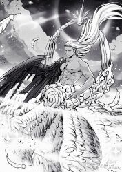 Rule 34 | 1boy, abs, black wings, closed mouth, cloud, dated, demon wings, falling feathers, feathered wings, feathers, final fantasy, final fantasy vii, flying, greyscale, hair slicked back, highres, kay-i, long hair, male focus, monochrome, multiple wings, muscular, muscular male, pectorals, safer sephiroth, sephiroth, single bare shoulder, solo, tan, topless male, twitter username, white hair, white wings, wings