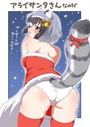 Rule 34 | 1girl, absurdres, alternate costume, animal ears, ass, bad id, bad pixiv id, bare shoulders, bell, blush, christmas, commentary, common raccoon (kemono friends), cowboy shot, crotch seam, dress, fang, from behind, fur-trimmed dress, fur trim, grey hair, hair bell, hair ornament, hair ribbon, highres, kemono friends, leaning forward, looking at viewer, looking back, microdress, motion lines, multicolored hair, ngetyan, night, notice lines, outside border, panties, raccoon ears, raccoon tail, red dress, red thighhighs, ribbon, sack, santa costume, short hair, skin fang, skindentation, sky, solo, standing, star (sky), starry sky, strapless, strapless dress, striped tail, tail, tail ornament, tail ribbon, thighhighs, translation request, underwear