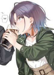 Rule 34 | 1boy, 1girl, 92m, ahoge, aqua eyes, asakura toru, black choker, blue hair, choker, cola, cup, drinking, drinking glass, earrings, flying sweatdrops, gradient hair, green jacket, highres, holding, holding cup, idolmaster, idolmaster shiny colors, jacket, jewelry, long sleeves, multicolored hair, open clothes, open jacket, out of frame, parted bangs, producer (idolmaster), purple hair, shirt, short hair, simple background, spoken expression, tassel, tassel earrings, unzipped, upper body, white background, white shirt