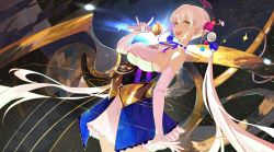 Rule 34 | 1girl, backless outfit, blonde hair, breasts, dark-skinned female, dark skin, elbow gloves, gloves, hair ornament, halterneck, highres, holocouncil, hololive, hololive english, large breasts, light brown hair, long hair, looking at viewer, microphone, multicolored hair, open mouth, planet hair ornament, roupo99, skin tight, smile, tsukumo sana, tsukumo sana (1st costume), twintails, underbust, very long hair, virtual youtuber, white gloves, yellow eyes
