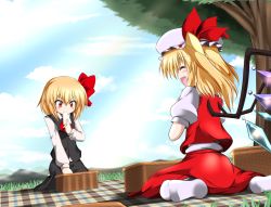 Rule 34 | 2girls, black skirt, black vest, blanket, blonde hair, blue sky, checkered blanket, day, dutch angle, eating, closed eyes, fang, flandre scarlet, food, food in mouth, from behind, grass, hagami495, hair ribbon, hat, hat ribbon, long sleeves, looking down, mob cap, mountain, multiple girls, no shoes, open mouth, outdoors, picnic, picnic basket, puffy short sleeves, puffy sleeves, red eyes, red skirt, red vest, ribbon, rumia, sandwich, seiza, shirt, short hair, short sleeves, side ponytail, sitting, skirt, sky, socks, touhou, tree, vest, wariza, white legwear, white shirt, wings