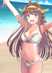Rule 34 | 1girl, absurdres, ahoge, beach, bikini, blue sky, breasts, brown hair, cleavage, cloud, commentary request, cowboy shot, day, double bun, hair bun, hairband, headgear, highres, horizon, kantai collection, kongou (kancolle), kongou kai ni (kancolle), long hair, looking to the side, medium breasts, momonyadayo, ocean, outdoors, outstretched arms, sky, smile, solo, swimsuit
