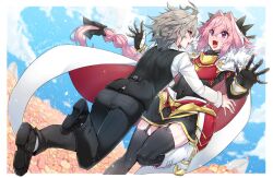 Rule 34 | 2boys, armored skirt, astolfo (fate), back, black bow, black footwear, black garter straps, black pants, black thighhighs, black vest, boots, bow, braid, braided ponytail, cape, cloud, commentary request, covered navel, day, dress shirt, dress shoes, eyes visible through hair, fang, fate/apocrypha, fate/grand order, fate (series), fur-trimmed cape, fur trim, garter straps, gauntlets, grey hair, hair between eyes, hair bow, hair intakes, haoro, highres, incoming hug, long braid, long hair, male focus, multicolored hair, multiple boys, open mouth, outdoors, pants, pink hair, purple eyes, purple hair, shirt, shoes, sieg (fate), signature, single braid, skin fang, sky, smile, streaked hair, teeth, thighhighs, tongue, trap, twitter username, two-sided cape, two-sided fabric, two-tone hair, upper teeth only, vest, white cape, white hair, zettai ryouiki