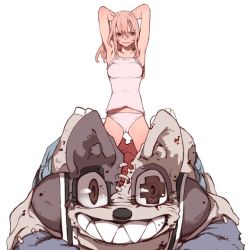 Rule 34 | 1girl, 1other, aoki clair, armpits, arms behind head, arms up, bare shoulders, blonde hair, breasts, brown eyes, camisole, commentary request, gleipnir (series), gluteal fold, grin, hair between eyes, kagaya shuichi, long hair, medium breasts, mismatched pupils, monster, panties, sharp teeth, simple background, smile, solo, standing, takeda sun, teeth, thighs, underwear, wedgie, white background, white camisole, white panties