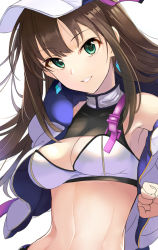 Rule 34 | 1girl, ashita (2010), bad id, bad twitter id, bare shoulders, baseball cap, blush, breasts, brown hair, cleavage, earrings, green eyes, hat, idolmaster, idolmaster cinderella girls, jacket, jewelry, long hair, long sleeves, looking at viewer, medium breasts, off shoulder, open clothes, open jacket, parted lips, shibuya rin, simple background, smile, solo, white background, white hat, white jacket