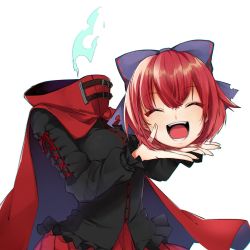 Rule 34 | 1girl, ^ ^, belt, black shirt, blue bow, blush, bow, breasts, brown belt, cape, closed eyes, commentary request, cross-laced clothes, crossed bangs, hair between eyes, hair bow, head removed, holding head, medium breasts, open mouth, pleated skirt, red cape, red hair, red skirt, ryura (negi-mamire), sekibanki, shirt, short hair, simple background, skirt, smile, solo, touhou, upper body, white background