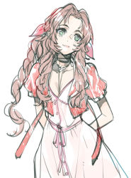 Rule 34 | 1girl, aerith gainsborough, arms behind back, braid, braided ponytail, breasts, brown hair, buttons, choker, cropped jacket, dress, final fantasy, final fantasy vii, final fantasy vii remake, green eyes, hair ribbon, ito noizi, jacket, long dress, long hair, medium breasts, parted bangs, pink dress, red jacket, ribbon, sidelocks, solo, square enix, upper body, wavy hair, white background