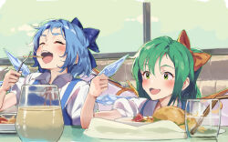 Rule 34 | 2girls, :d, bendy straw, blue bow, blue dress, blue hair, blue wings, blush, bow, brown bow, burger, cirno, collared shirt, commentary request, cup, daiyousei, detached wings, dress, drink, drinking glass, drinking straw, earrings, fang, food, fork, french fries, green eyes, green hair, hair between eyes, hair bow, hair intakes, highres, holding, holding fork, ice, ice wings, jewelry, lamb (hitsujiniku), long hair, multiple girls, neck ribbon, one side up, open mouth, plate, puffy short sleeves, puffy sleeves, red ribbon, ribbon, shirt, short sleeves, sleeveless, sleeveless dress, smile, thick eyebrows, touhou, white shirt, window, wings
