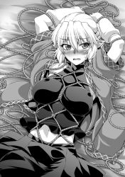 Rule 34 | 1girl, arm warmers, bdsm, bondage, bound, breasts, commentary request, covered erect nipples, fang, female focus, greyscale, highres, large breasts, lying, midriff, mizuhashi parsee, monochrome, navel, on back, ootsuki wataru, perky breasts, pointy ears, rope, shibari, shibari over clothes, short hair, skirt, solo, sweatdrop, touhou, turtleneck