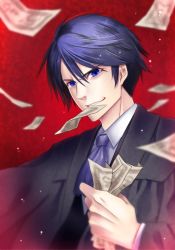 Rule 34 | 1boy, akutoku no judgement (vocaloid), blue eyes, blue hair, blurry, clenched hand, commentary request, depth of field, evil grin, evil smile, evillious nendaiki, gallerian marlon, grin, jacket, judge, kaito (vocaloid), male focus, matching hair/eyes, money, motion blur, mouth hold, short hair, simple background, smile, solo, tamara, vocaloid
