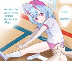Rule 34 | 1girl, absurdres, blue archive, blue hair, chise (blue archive), commission, english text, floor, gym uniform, halo, hat, highres, hitomi13, horns, light blue hair, looking at viewer, official alternate costume, oni, oni horns, pink eyes, pixiv commission, shirt, solo, stretching, t-shirt, thighs, wooden floor