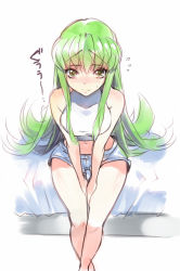 Rule 34 | 1girl, bare legs, bare shoulders, blush, body blush, c.c., code geass, creayus, crop top, green hair, halterneck, long hair, looking at viewer, looking up, midriff, navel, shiny skin, short shorts, shorts, sitting, solo, sweat, thigh gap, v arms, yellow eyes