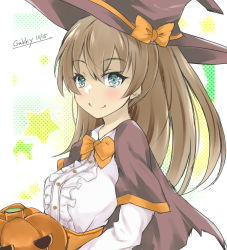 Rule 34 | 1girl, alternate costume, blue eyes, brown cape, brown hair, brown hat, cape, frilled shirt, frills, gakky, hat, jack-o&#039;-lantern, kantai collection, kumano (kancolle), long hair, one-hour drawing challenge, ponytail, pumpkin, shirt, solo, upper body, witch hat