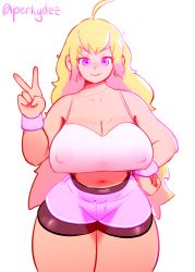Rule 34 | 1girl, ahoge, bare shoulders, belly, blonde hair, breasts, cleavage, curvy, deee, covered erect nipples, eyebrows, highres, large breasts, long hair, looking at viewer, purple eyes, rwby, shorts, smile, solo, stomach, tank top, thick thighs, thighs, very long hair, wide hips, yang xiao long