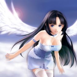 Rule 34 | 1girl, angel wings, arin, bent over, black hair, blue dress, blue eyes, breasts, cleavage, cloud, dress, facing viewer, feathered wings, female focus, flying, large breasts, lens flare, long hair, looking at viewer, outdoors, pangya, parted lips, sky, smile, solo, thighhighs, very long hair, white thighhighs, wings, yori, yori (shitsuon)