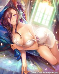 Rule 34 | 1girl, bare arms, bare shoulders, bed, blush, breasts, brown hair, cleavage, day, dutch angle, facial mark, hair between eyes, indoors, large breasts, lingerie, long hair, looking at viewer, lying, official art, on bed, on side, parted lips, pillow, popqn, purple eyes, solo, underwear, venus rumble, watermark, window