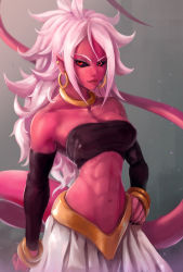 Rule 34 | 1girl, abs, absurdres, android 21, bare shoulders, black nails, black sclera, breasts, cleavage, colored sclera, colored skin, detached sleeves, dragon ball, dragon ball fighterz, earrings, eyelashes, hand on own hip, highres, jewelry, looking at viewer, majin android 21, messy hair, mothman (the m0thman), muscle, muscular, muscular female, nail polish, navel, pink hair, pink skin, pointy ears, red eyes, solo, spoilers, stomach, tail, toned