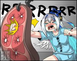 Rule 34 | alternate costume, amane kanata, angel, angel wings, blouse, blue hair, blue shirt, blush, clothes writing, collarbone, colored inner hair, crying, dr. bug, food, halo, hole, hololive, meat, multicolored hair, open mouth, print shirt, punching, shirt, short hair, shorts, silver hair, single hair intake, solo, star halo, streaked hair, tears, uvula, virtual youtuber, wings