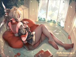 Rule 34 | 1girl, ass, bad id, bad pixiv id, black pantyhose, book, brown hair, closed eyes, feathers, flower, hair ornament, long hair, panties, panties under pantyhose, pantyhose, petals, pillow, pixiv fantasia, pixiv fantasia t, pointy ears, rose, rose petals, smile, solo, striped clothes, striped panties, thigh strap, underwear, windforcelan