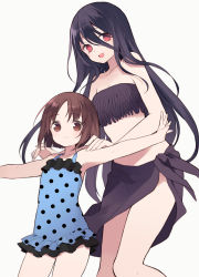 2girls, absurdres, anetai toyone, bikini, black bikini, black hair, black sarong, blue swimsuit, bob cut, brown eyes, brown hair, closed mouth, frilled swimsuit, frills, fringe trim, hair between eyes, hands on another&#039;s shoulders, height difference, highres, itsumi (itumiyuo), kakura kurumi, looking at viewer, multiple girls, one-piece swimsuit, open mouth, polka dot, polka dot swimsuit, red eyes, saki, sarong, short hair, simple background, smile, standing, strapless, strapless bikini, swimsuit, white background