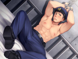 Rule 34 | 1boy, abs, armpits, arms up, bara, bed, bed sheet, blush, body hair, brown eyes, brown hair, bulge, crotch, cuffs, handcuffs, hat, hinahara hajime, male focus, muscular, nipples, pectorals, police, police uniform, policeman, restrained, sweat, topless male, undressing, uniform